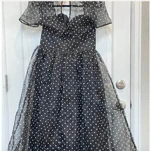 Black Polka Dot 1950s I Love Lucy Organza Swing Dress Rockabilly Sz L #15